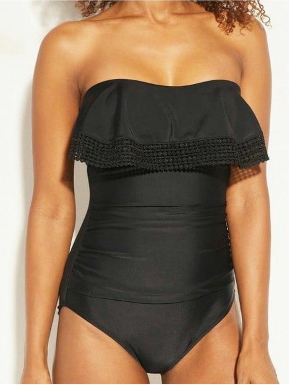 Kona Sol one-piece black swimsuit boho trim ruched tummy control size med